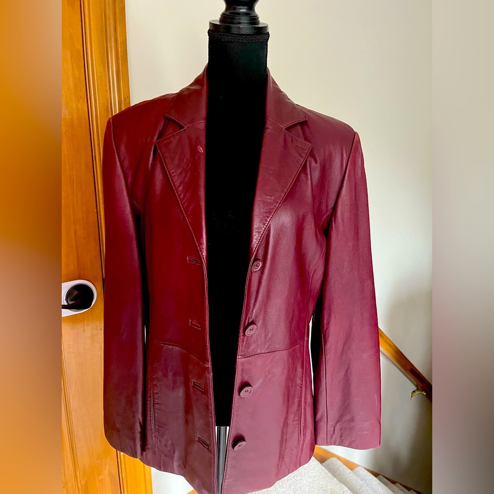Leather Blazer Size Small Petite Burgundy (Wine)